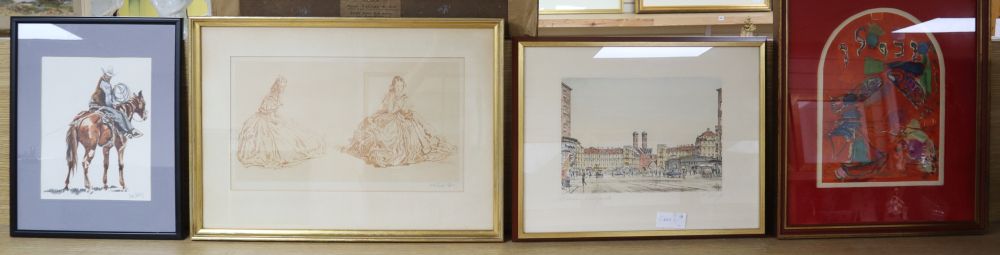 A William Russell Flint limited edition print, a Dan Bates watercolour of a cowboy and two colour prints